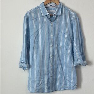 TOMMY BAHAMA Blue Striped Linen Blend Long Sleeve Button Down Shirt